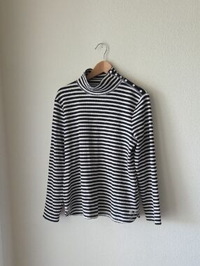 Talbots Black & White Striped Ribbed Top Mock neck Long Sleeve Sx XL Nautical